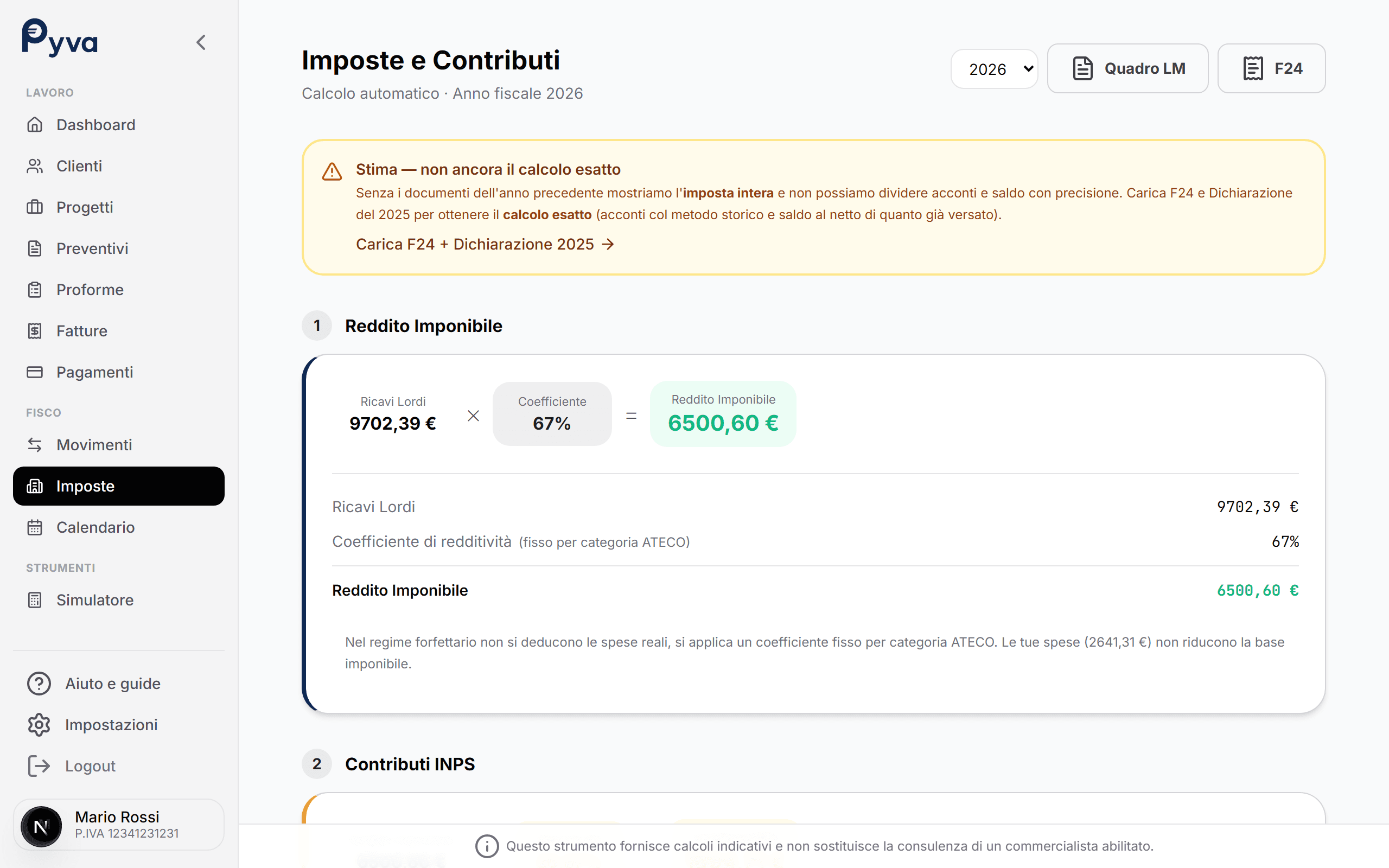 Engine fiscale Pyva, IRPEF, INPS, F24, Quadro LM