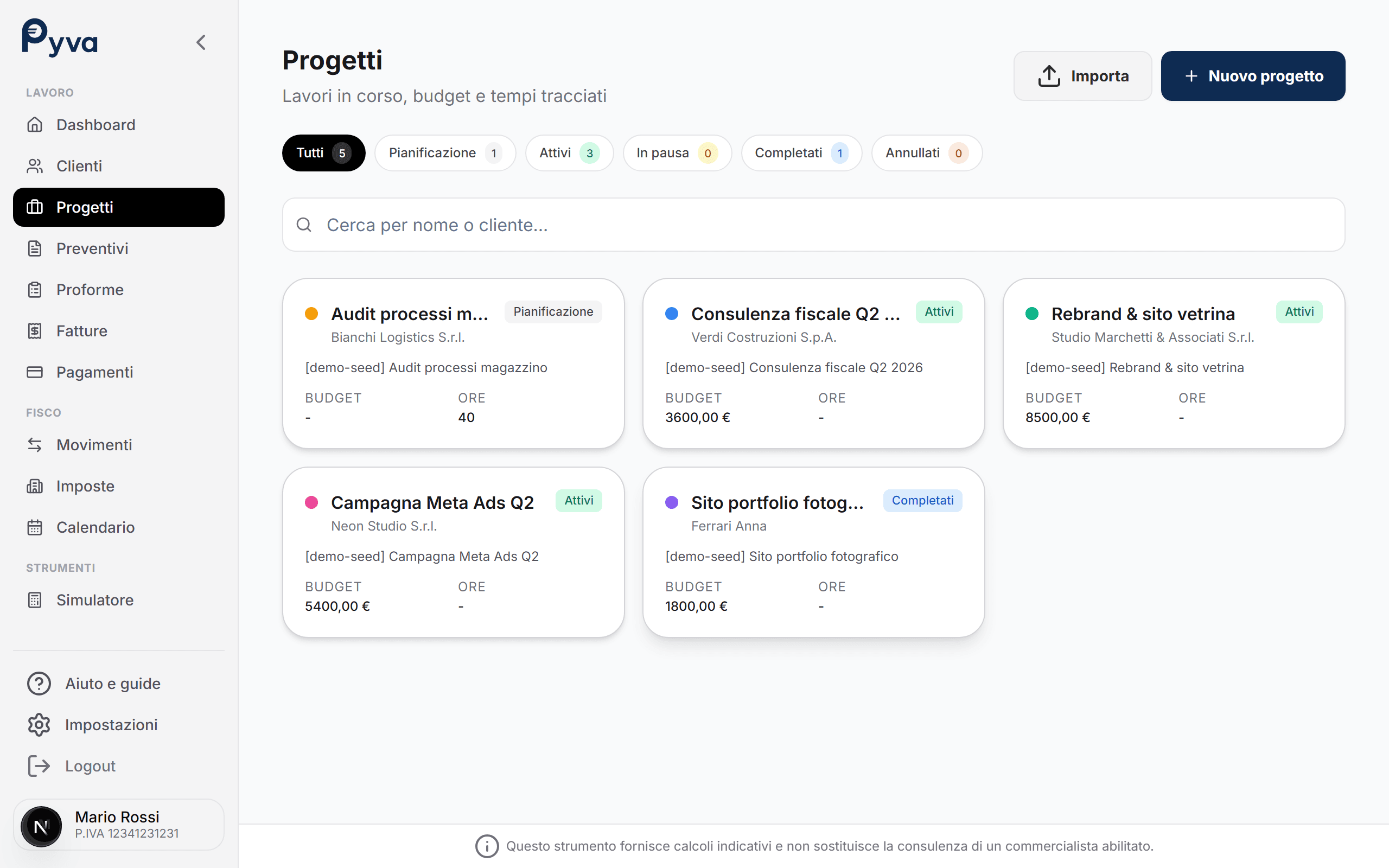 Progetti Pyva, task, time tracking, bill-time