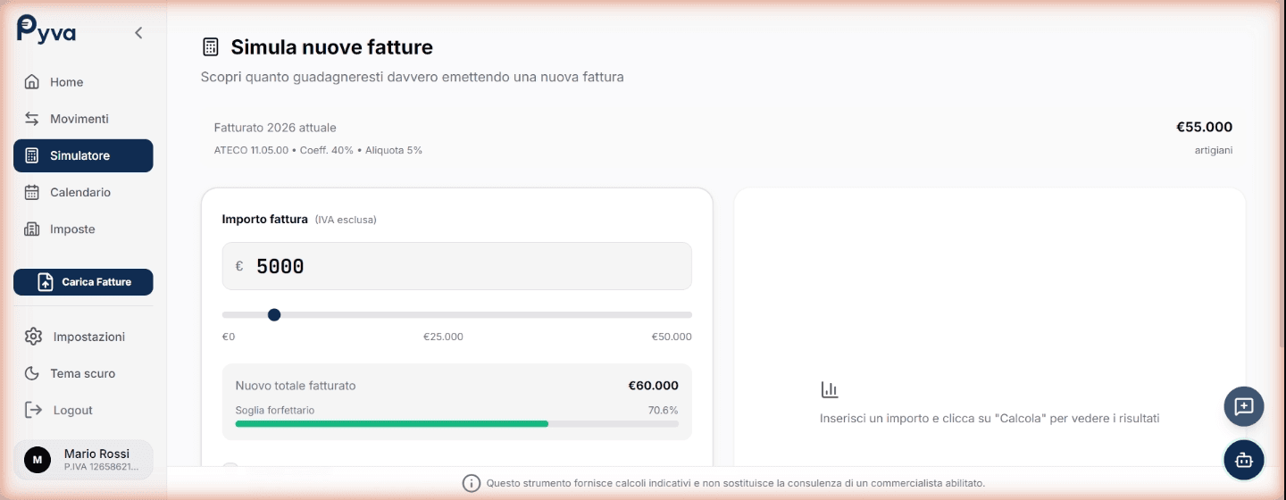 Simulatore fiscale Pyva — calcola imposte e netto in base al codice ATECO e al fatturato per partita IVA forfettaria