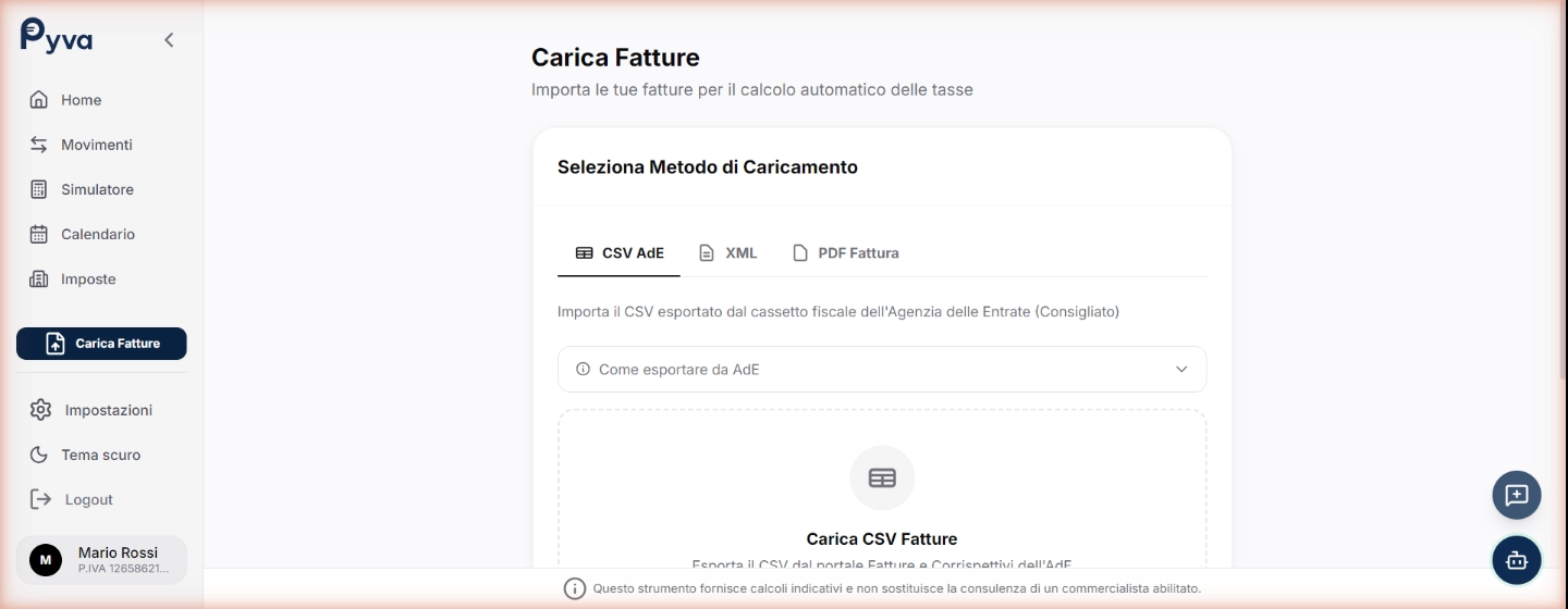 Upload fatture Pyva — importa XML, PDF e CSV con OCR automatico
