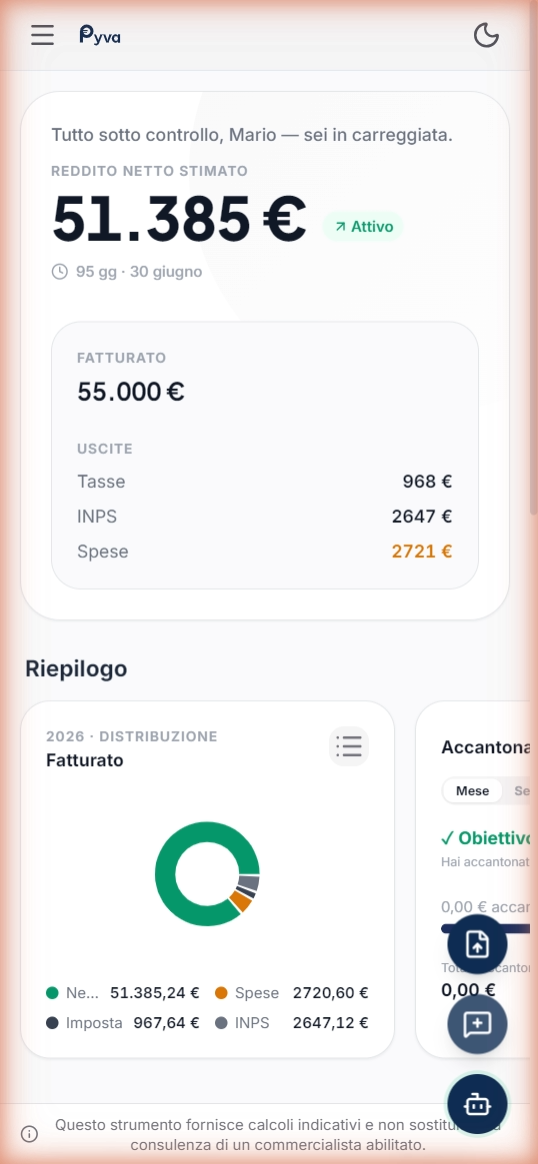 Dashboard Pyva su mobile — guadagno netto e scadenze
