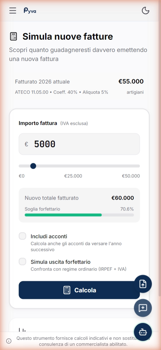 Simulatore fiscale Pyva su mobile