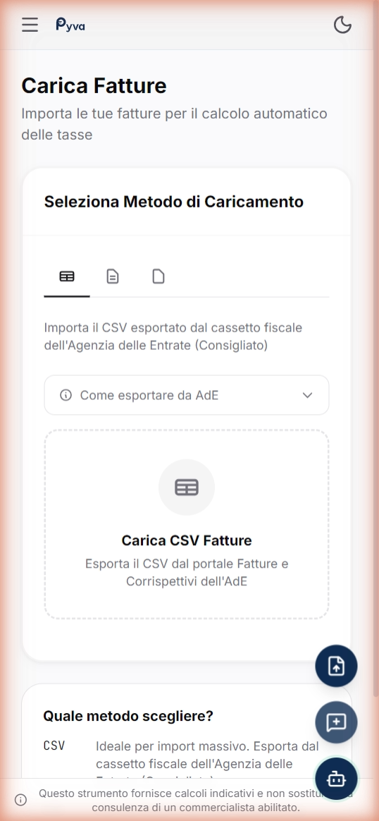 Upload fatture Pyva su mobile