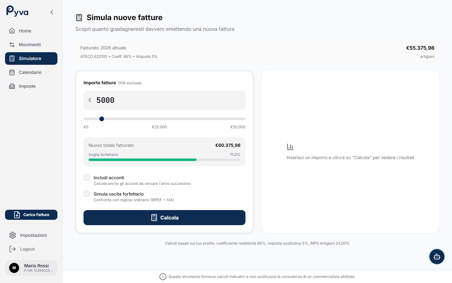 Simulatore fiscale Pyva — proiezioni what-if partita IVA forfettaria