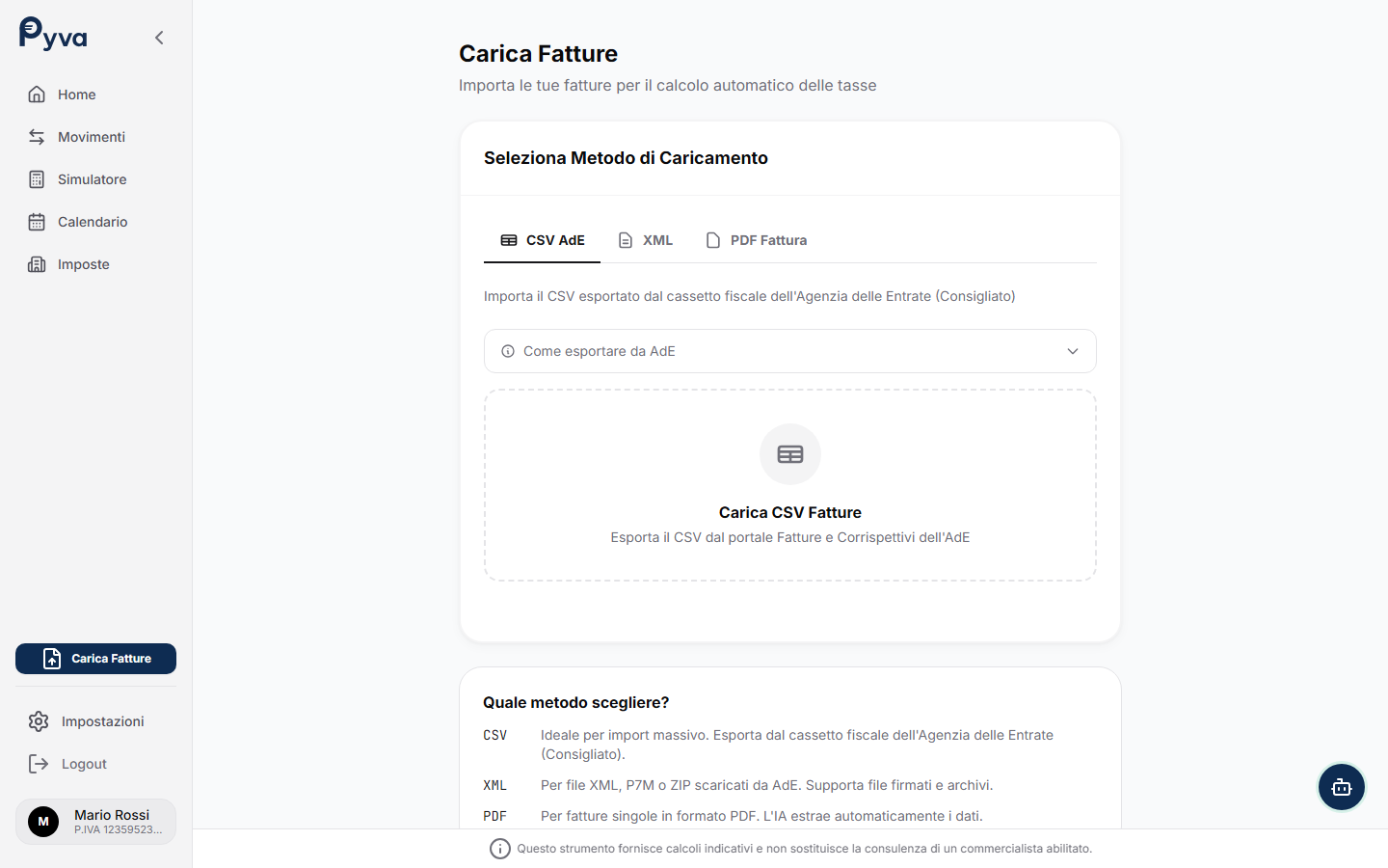 Upload fatture Pyva — importa XML, PDF e CSV con OCR automatico